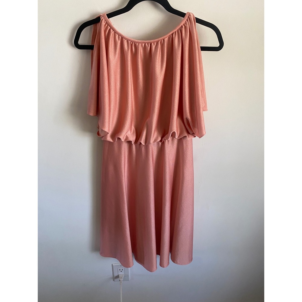 Peach‎ Shimmer Cold Shoulder Blouson Dress Pink Draped Flutter Sleeve Party Mini